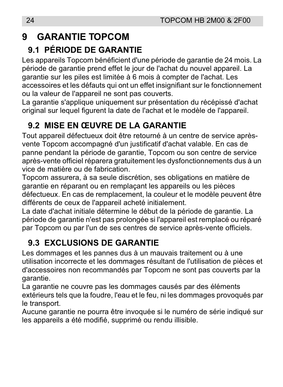 9garantie topcom | Topcom HB 2F00 User Manual | Page 24 / 136