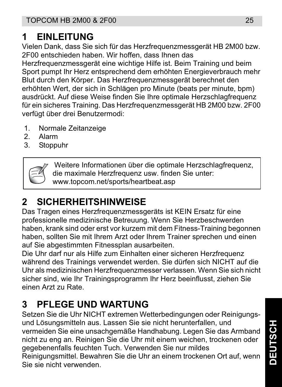 De ut sc h 1 einleitung, 2sicherheitshinweise, 3pflege und wartung | Topcom HB 2F00 User Manual | Page 25 / 136