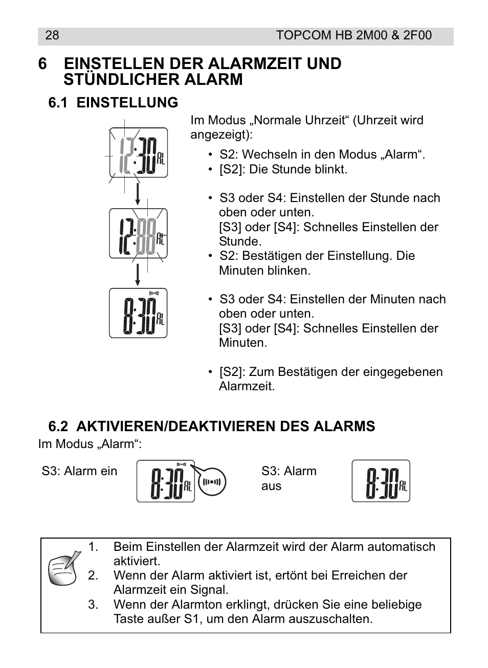 6einstellen der alarmzeit und stündlicher alarm | Topcom HB 2F00 User Manual | Page 28 / 136