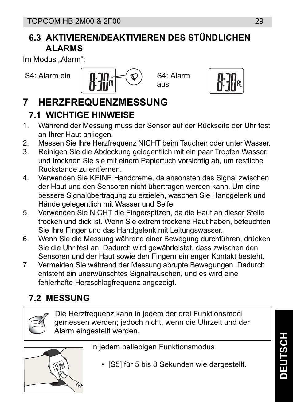 De ut sc h, 7herzfrequenzmessung | Topcom HB 2F00 User Manual | Page 29 / 136