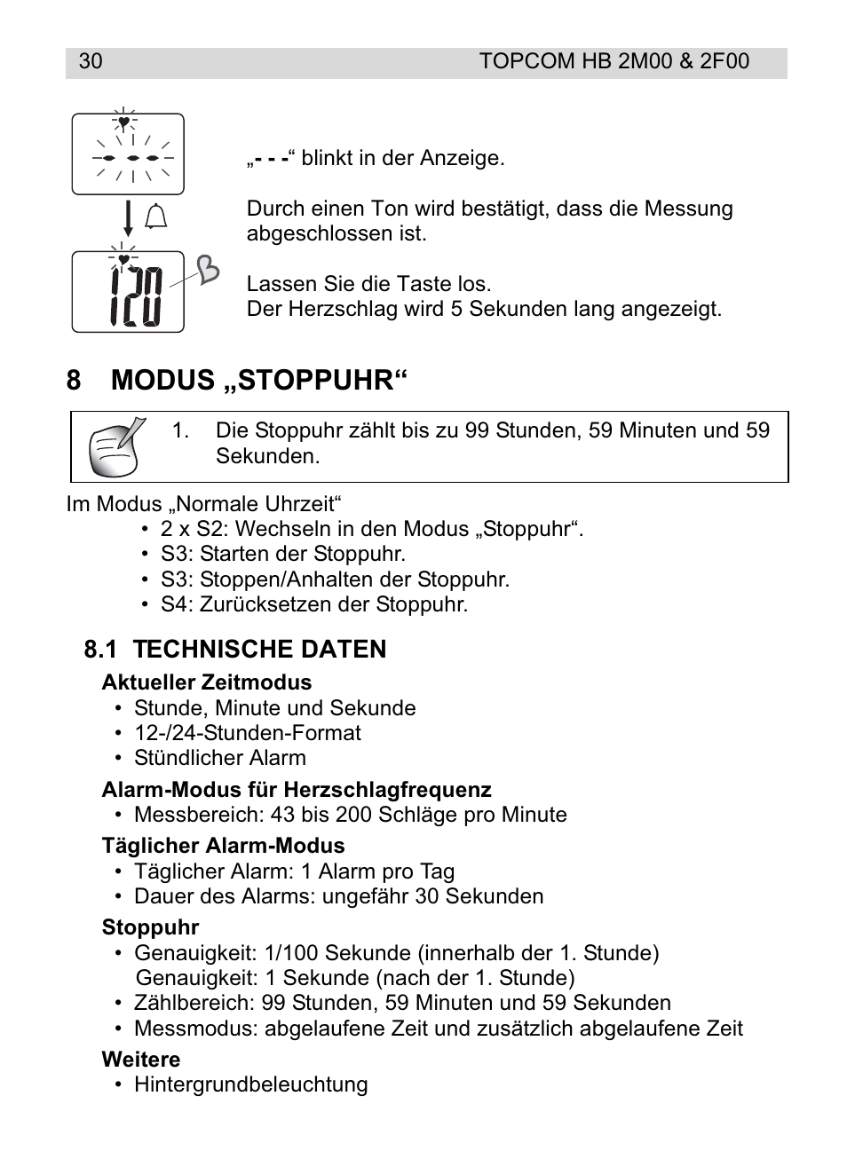 8modus „stoppuhr | Topcom HB 2F00 User Manual | Page 30 / 136