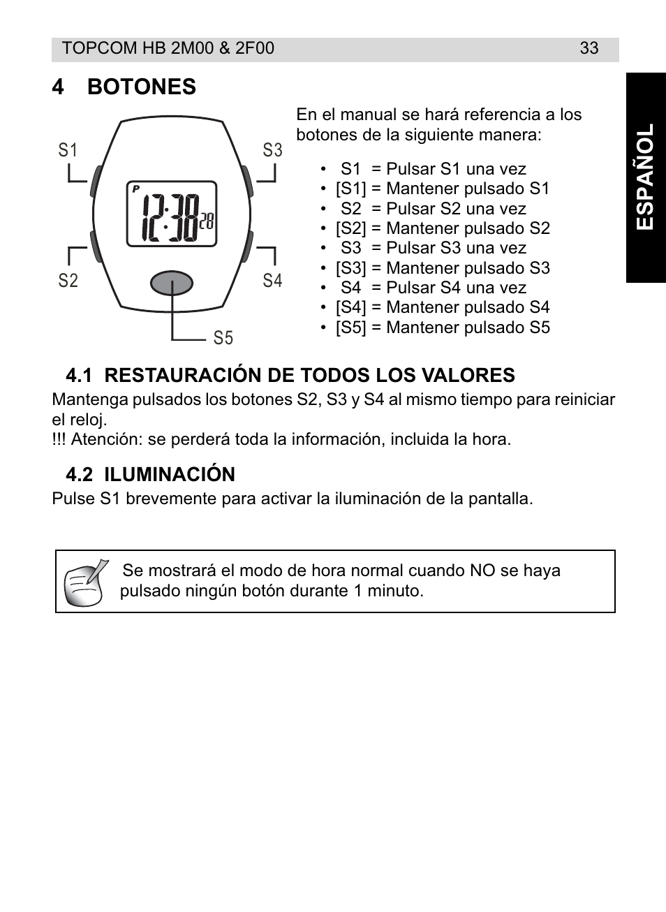 Español 4 botones | Topcom HB 2F00 User Manual | Page 33 / 136