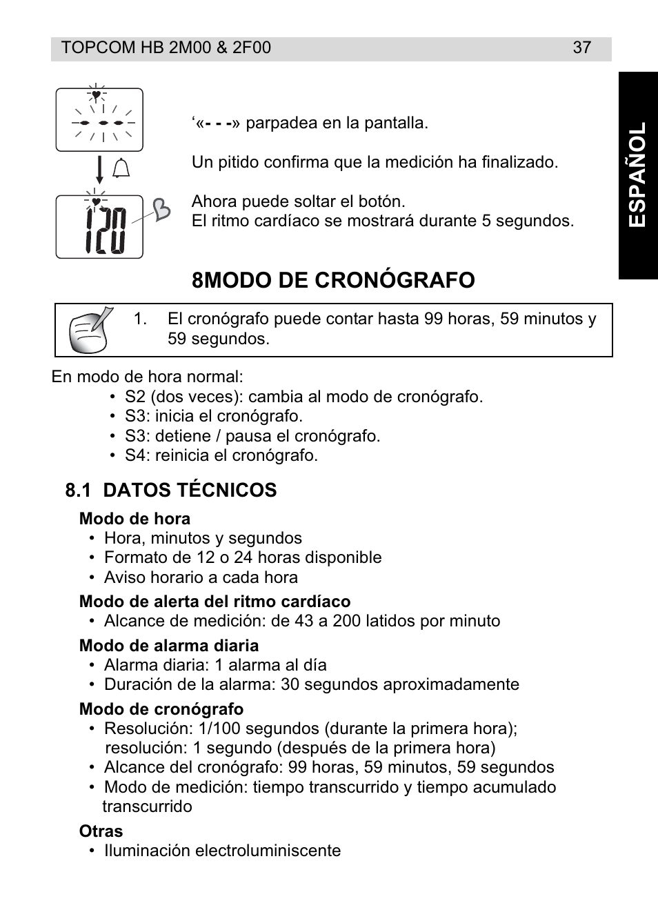 Español, 8modo de cronógrafo | Topcom HB 2F00 User Manual | Page 37 / 136