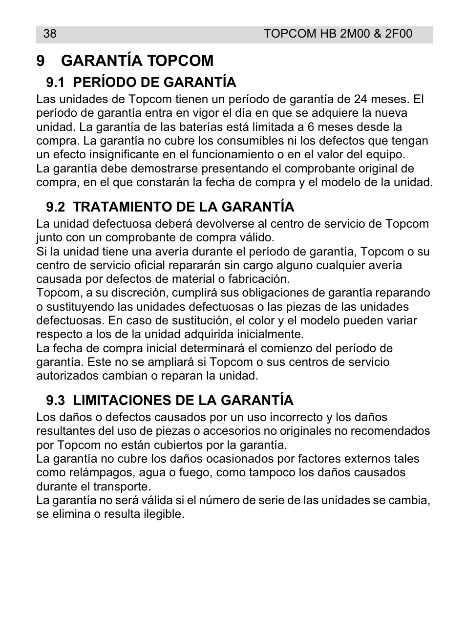 9garantía topcom | Topcom HB 2F00 User Manual | Page 38 / 136