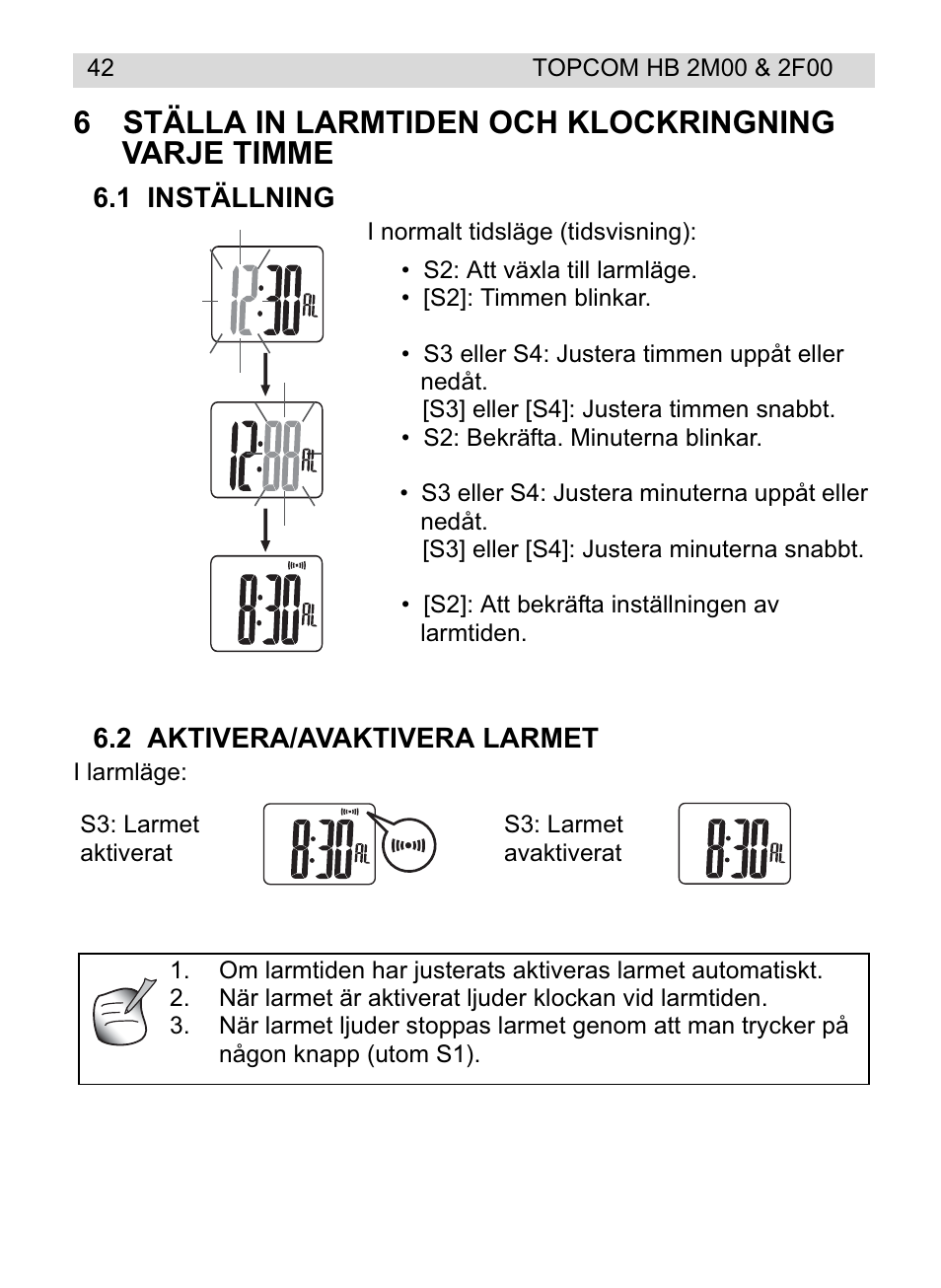 6ställa in larmtiden och klockringning varje timme | Topcom HB 2F00 User Manual | Page 42 / 136