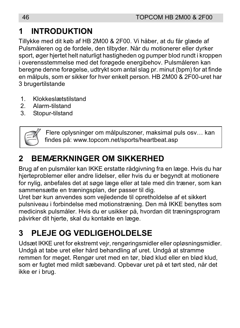 1introduktion, 2bemærkninger om sikkerhed, 3pleje og vedligeholdelse | Topcom HB 2F00 User Manual | Page 46 / 136