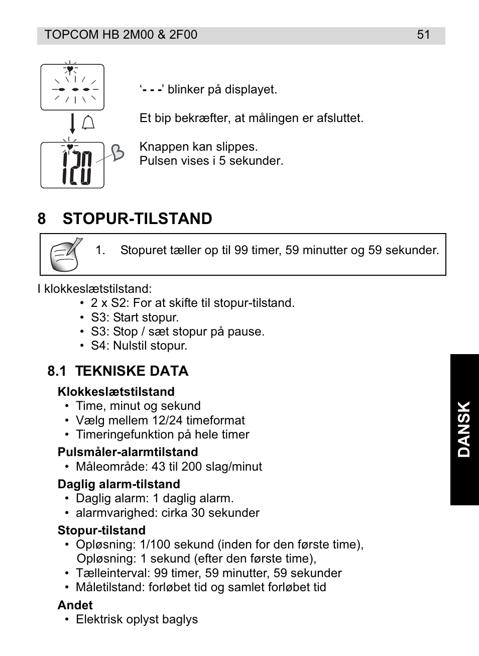 Dansk, 8stopur-tilstand | Topcom HB 2F00 User Manual | Page 51 / 136
