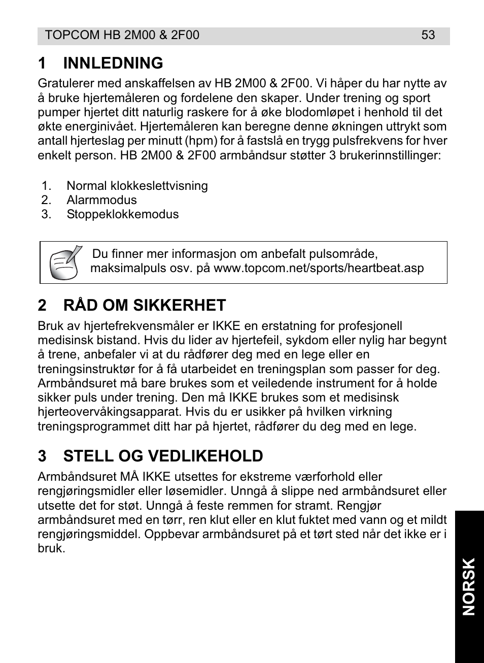 Norsk 1 innledning, 2råd om sikkerhet, 3stell og vedlikehold | Topcom HB 2F00 User Manual | Page 53 / 136