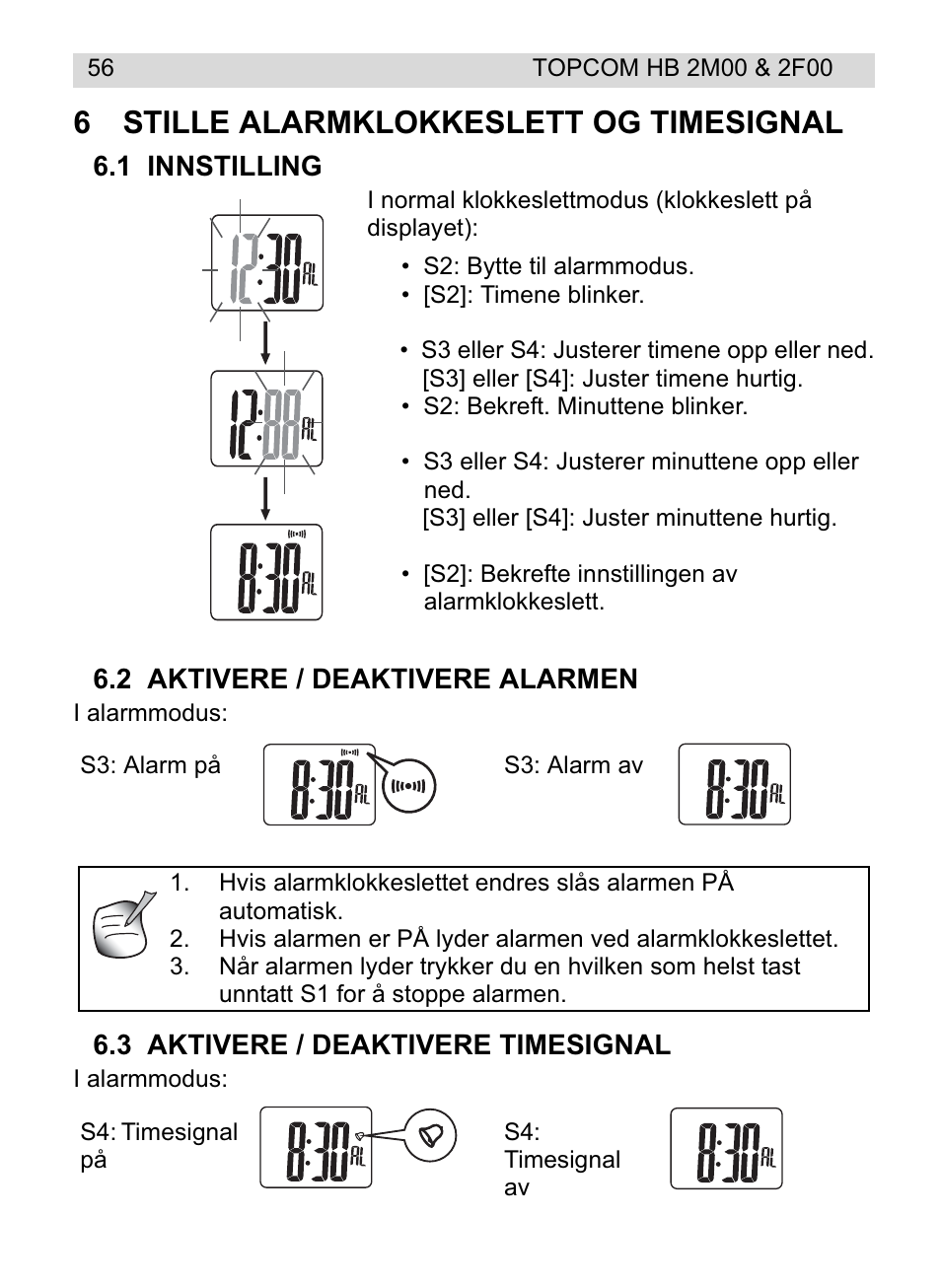 6stille alarmklokkeslett og timesignal | Topcom HB 2F00 User Manual | Page 56 / 136