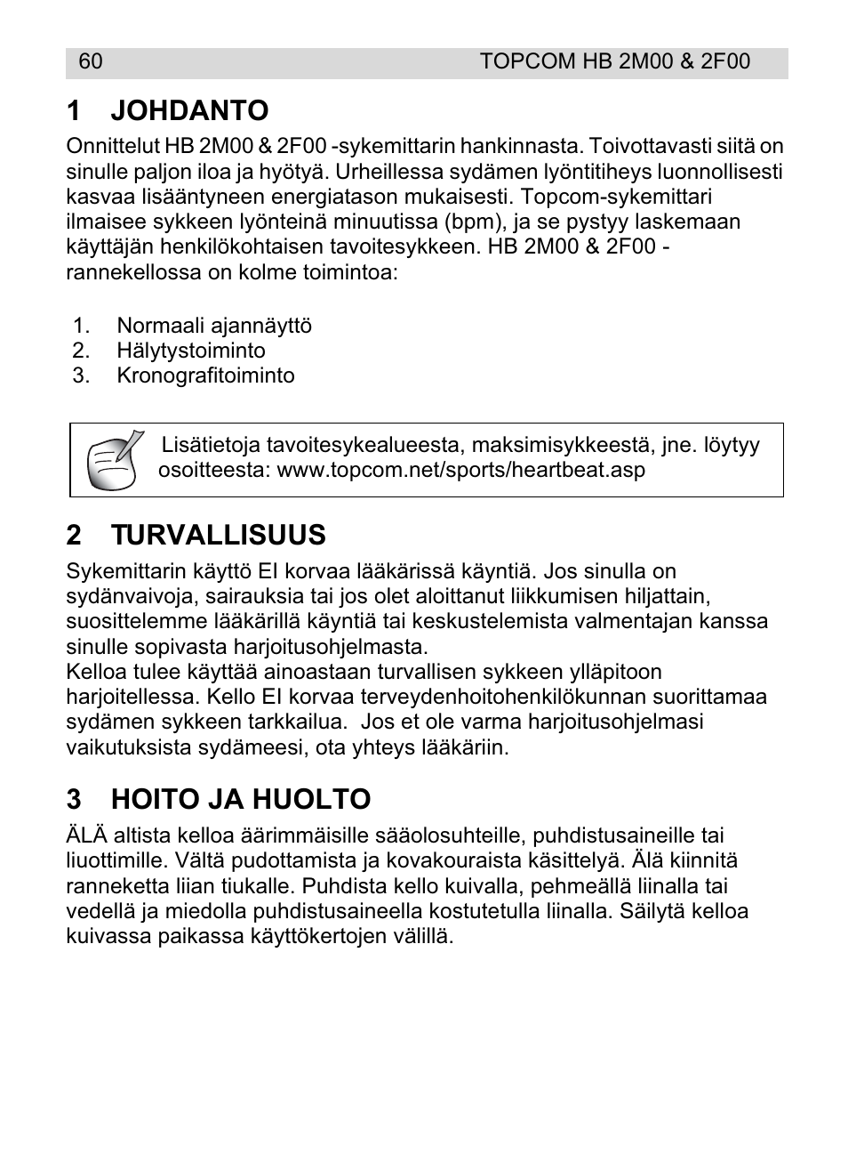 1johdanto, 2turvallisuus, 3hoito ja huolto | Topcom HB 2F00 User Manual | Page 60 / 136
