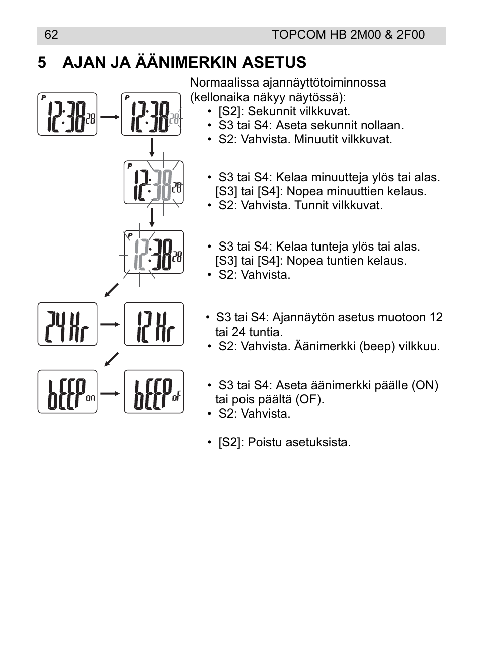 5ajan ja äänimerkin asetus | Topcom HB 2F00 User Manual | Page 62 / 136