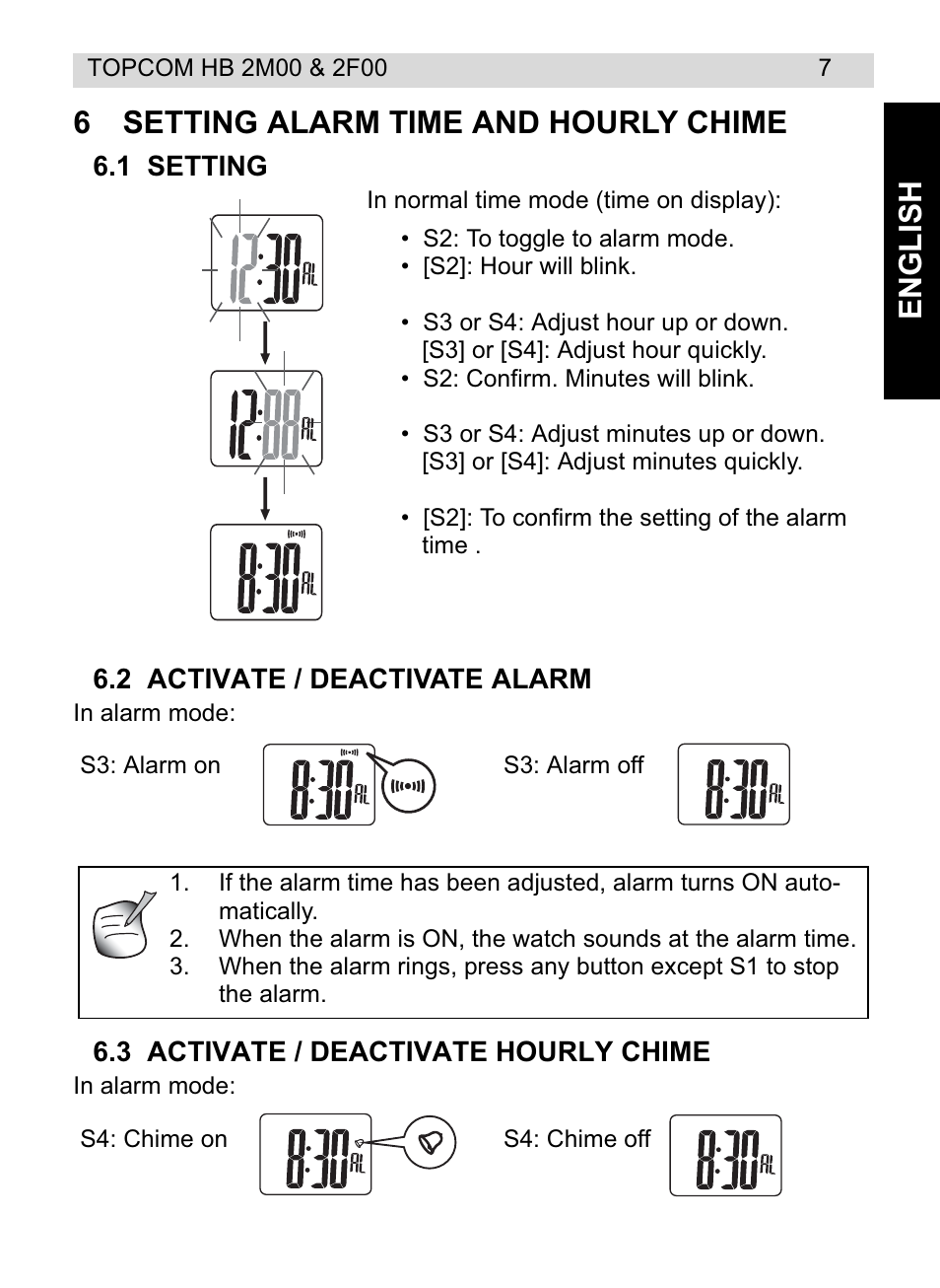 Engl ish 6 setting alarm time and hourly chime | Topcom HB 2F00 User Manual | Page 7 / 136