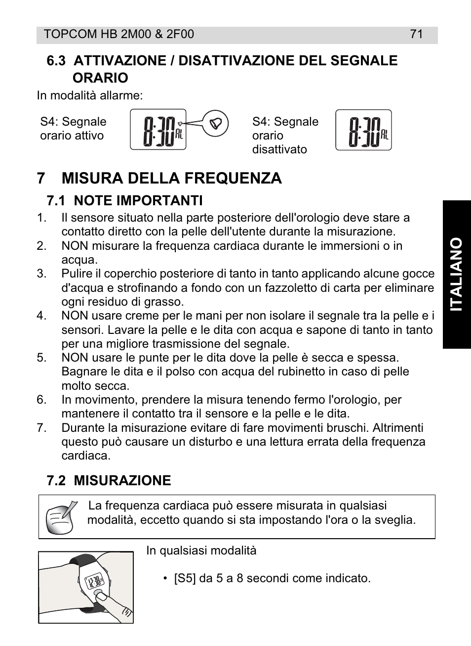 Italiano, 7misura della frequenza | Topcom HB 2F00 User Manual | Page 71 / 136