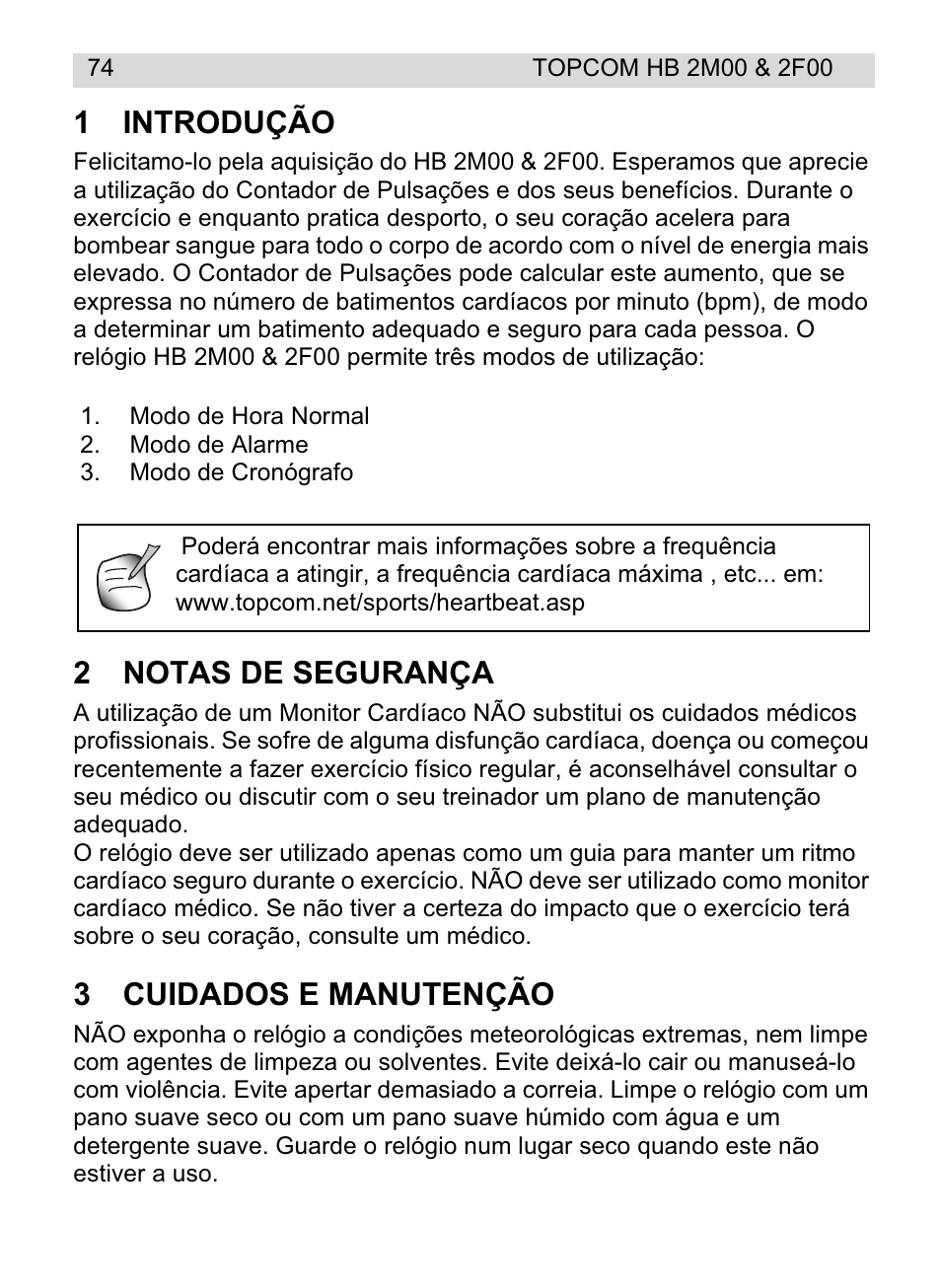 1introdução, 2notas de segurança, 3cuidados e manutenção | Topcom HB 2F00 User Manual | Page 74 / 136
