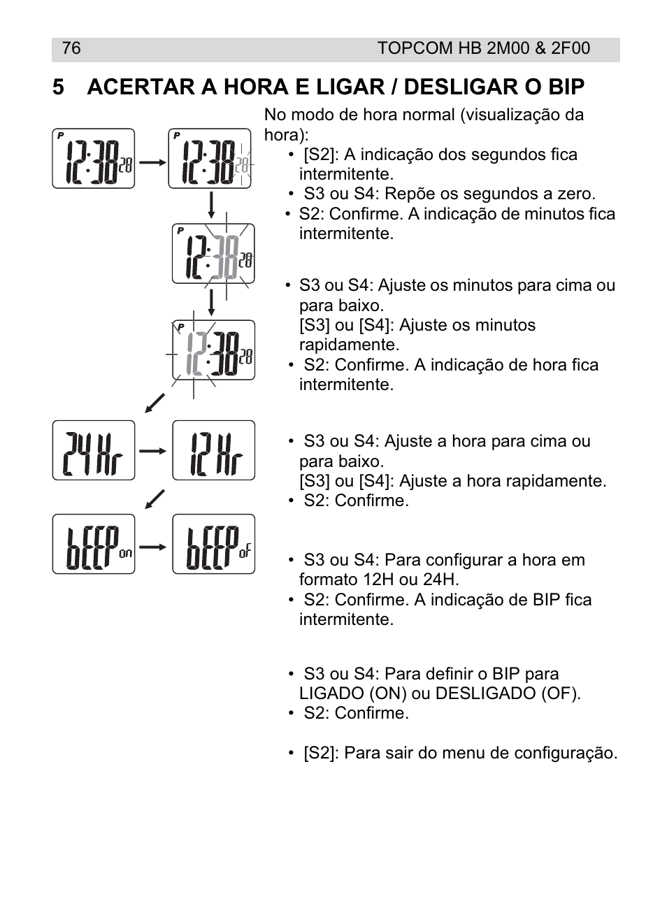 5acertar a hora e ligar / desligar o bip | Topcom HB 2F00 User Manual | Page 76 / 136