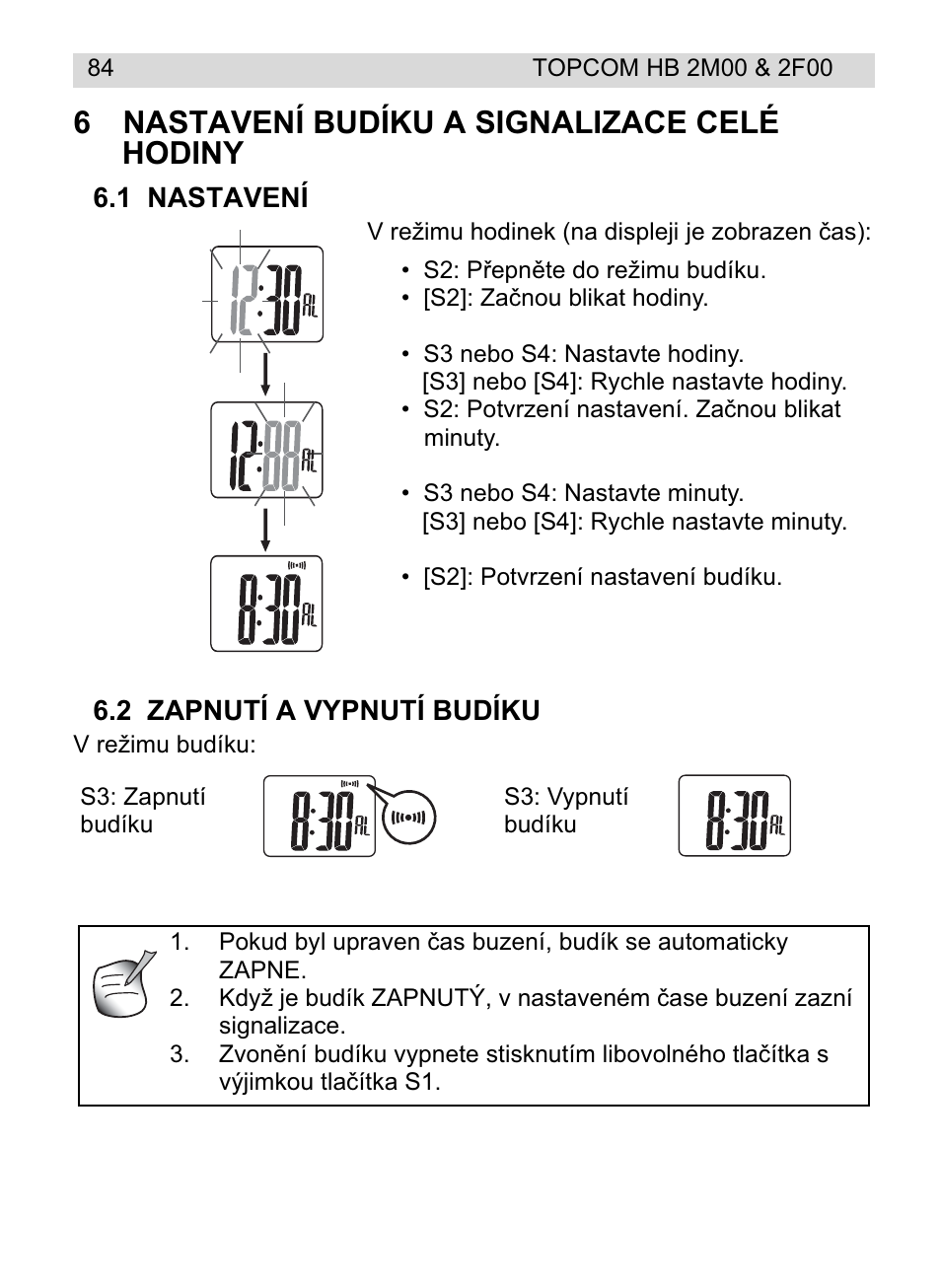 6nastavení budíku a signalizace celé hodiny | Topcom HB 2F00 User Manual | Page 84 / 136