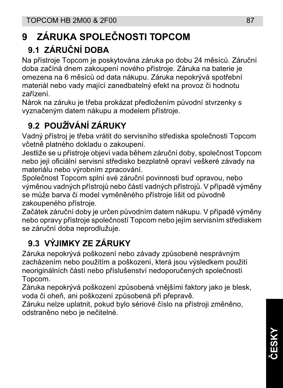 Ýe sk y 9 záruka spoleýnosti topcom | Topcom HB 2F00 User Manual | Page 87 / 136