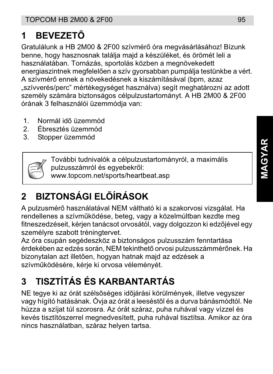 Magyar 1 bevezetõ, 2biztonsági elõírások, 3tisztítás és karbantartás | Topcom HB 2F00 User Manual | Page 95 / 136