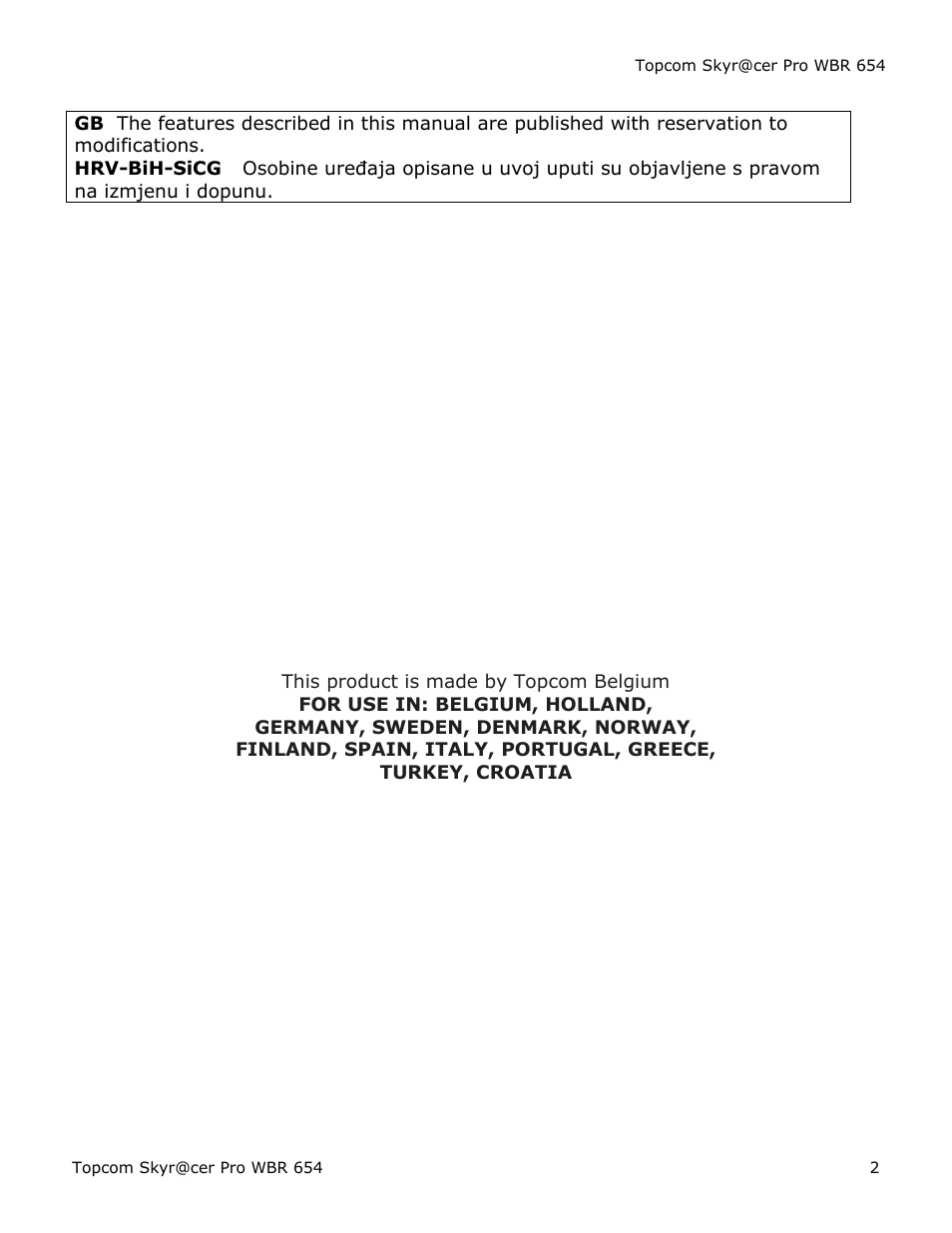 Topcom Skyr@cer PRO WBR 654 User Manual | Page 2 / 13