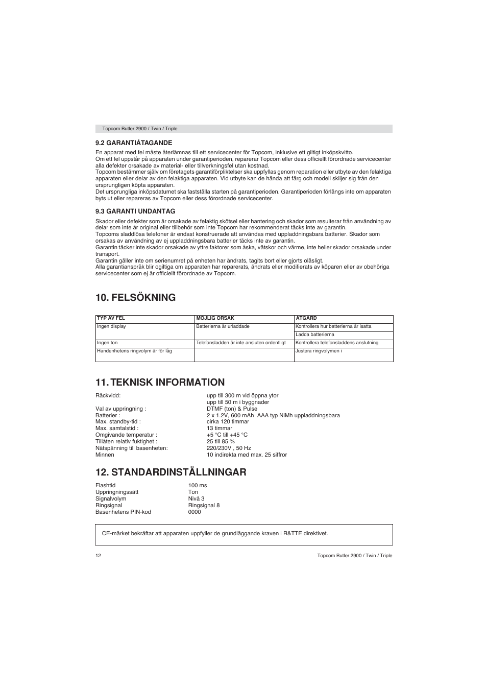 Felsökning 11. teknisk information, Standardinställningar | Topcom BUTLER 2900 User Manual | Page 12 / 56