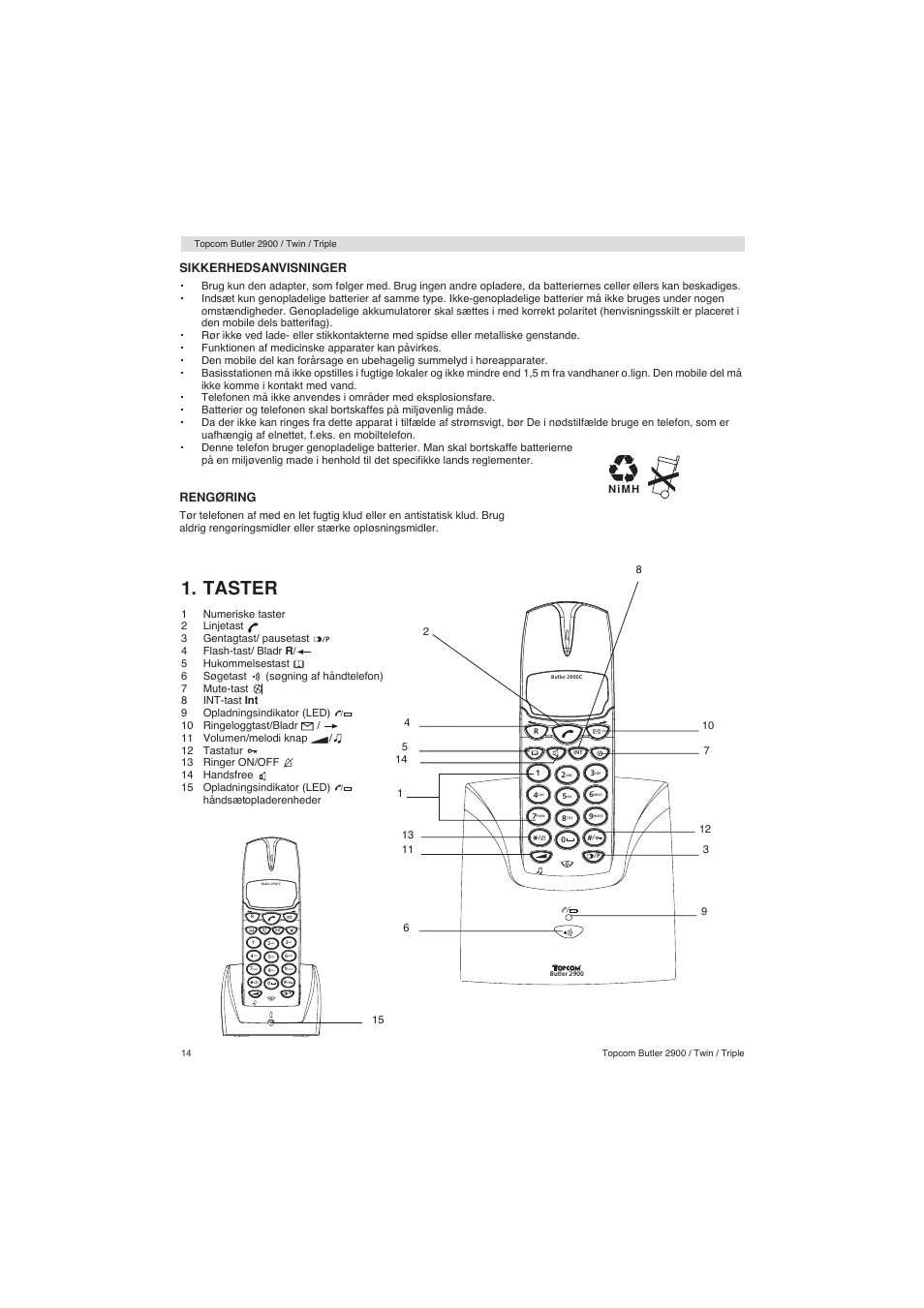 Taster, Sikkerhedsanvisninger, Rengøring | Topcom BUTLER 2900 User Manual | Page 14 / 56