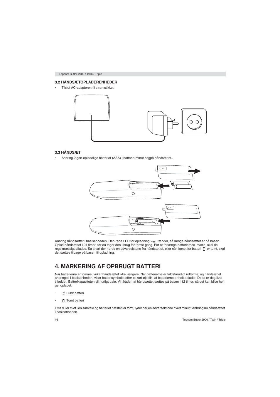 Markering af opbrugt batteri | Topcom BUTLER 2900 User Manual | Page 16 / 56