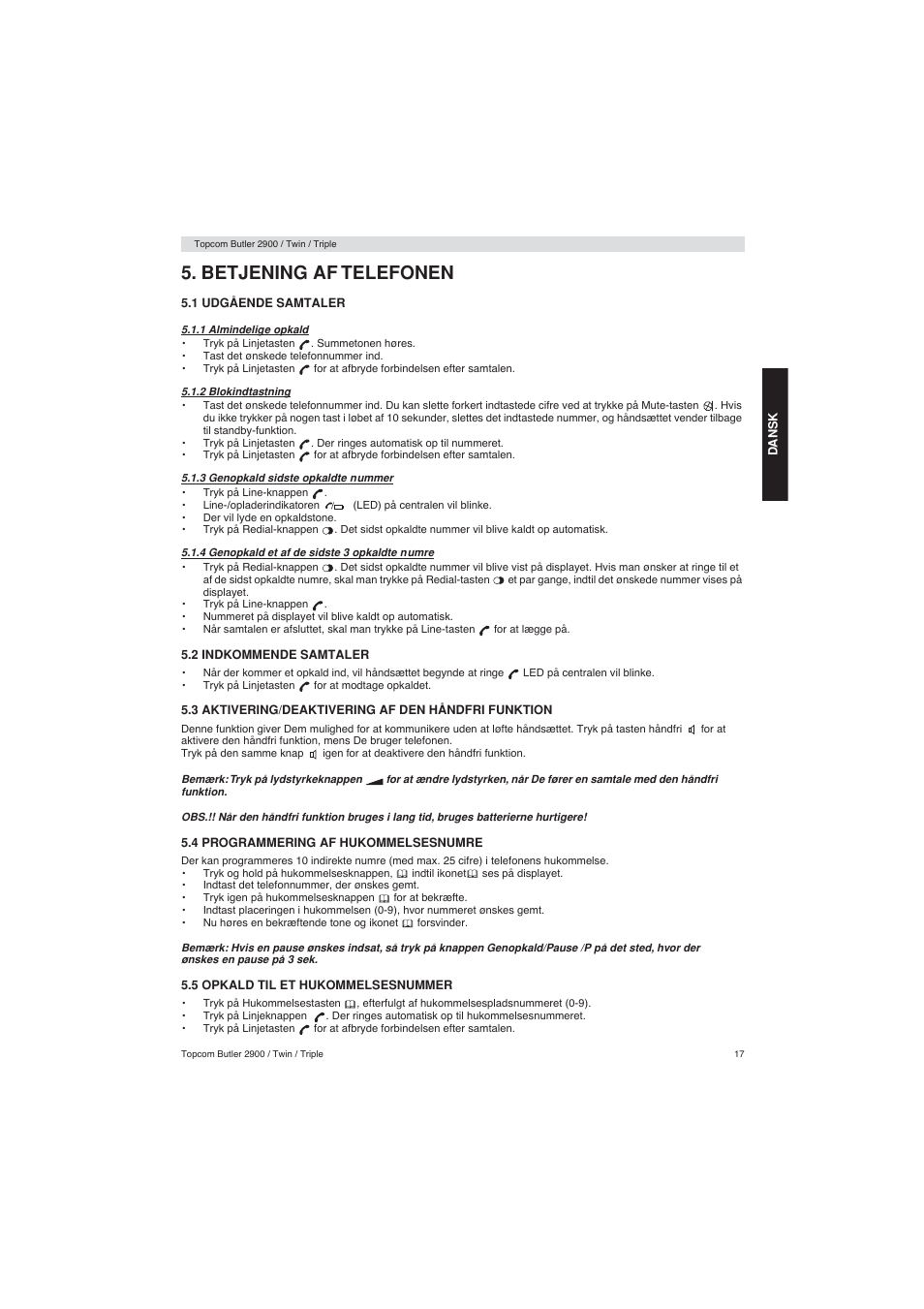 Betjening af telefonen | Topcom BUTLER 2900 User Manual | Page 17 / 56