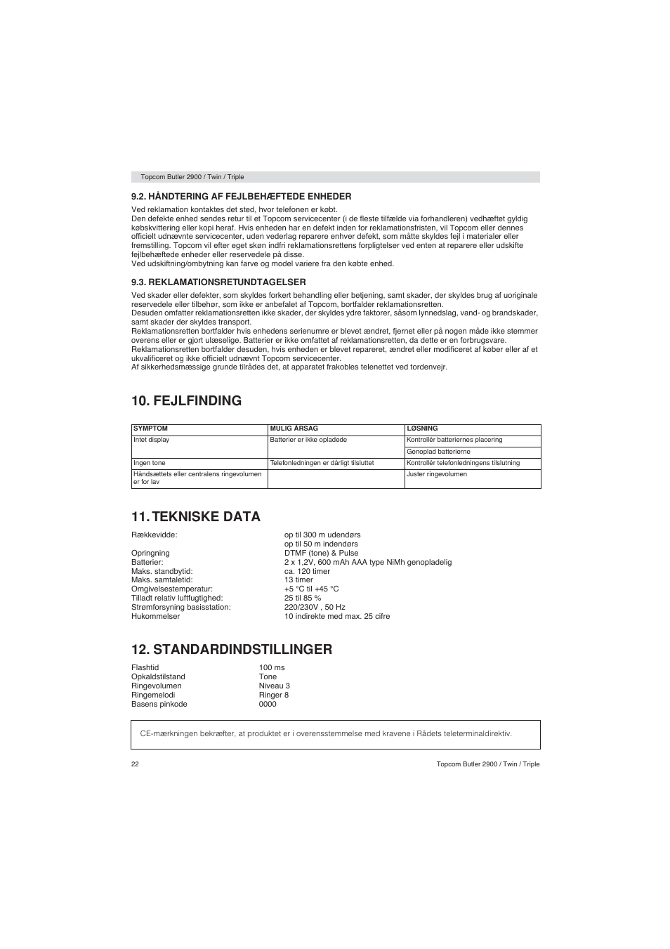 Fejlfinding 11. tekniske data, Standardindstillinger | Topcom BUTLER 2900 User Manual | Page 22 / 56