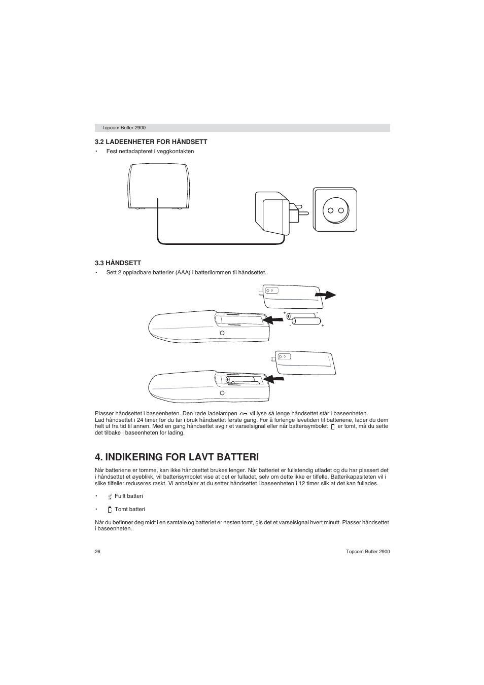Indikering for lavt batteri | Topcom BUTLER 2900 User Manual | Page 26 / 56