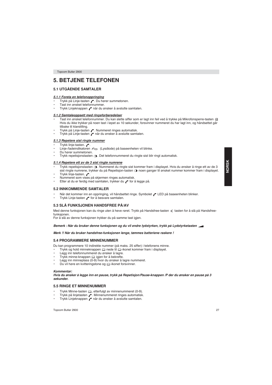 Betjene telefonen | Topcom BUTLER 2900 User Manual | Page 27 / 56