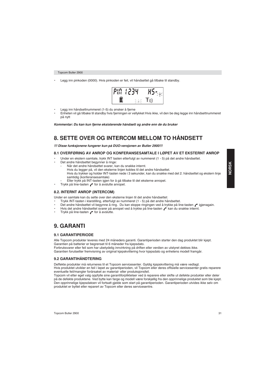 Sette over og intercom mellom to håndsett, Garanti | Topcom BUTLER 2900 User Manual | Page 31 / 56