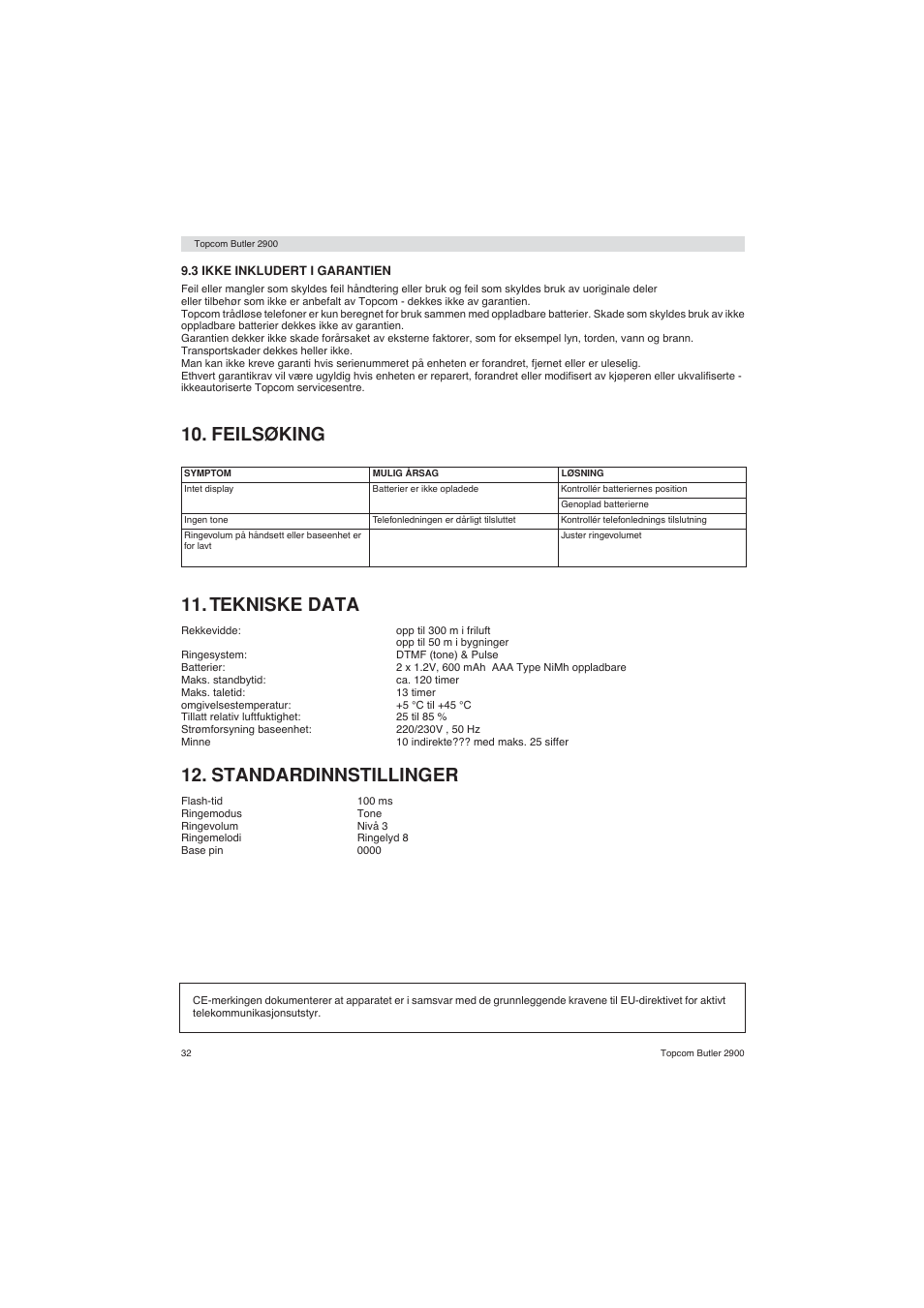 Feilsøking 11. tekniske data, Standardinnstillinger | Topcom BUTLER 2900 User Manual | Page 32 / 56
