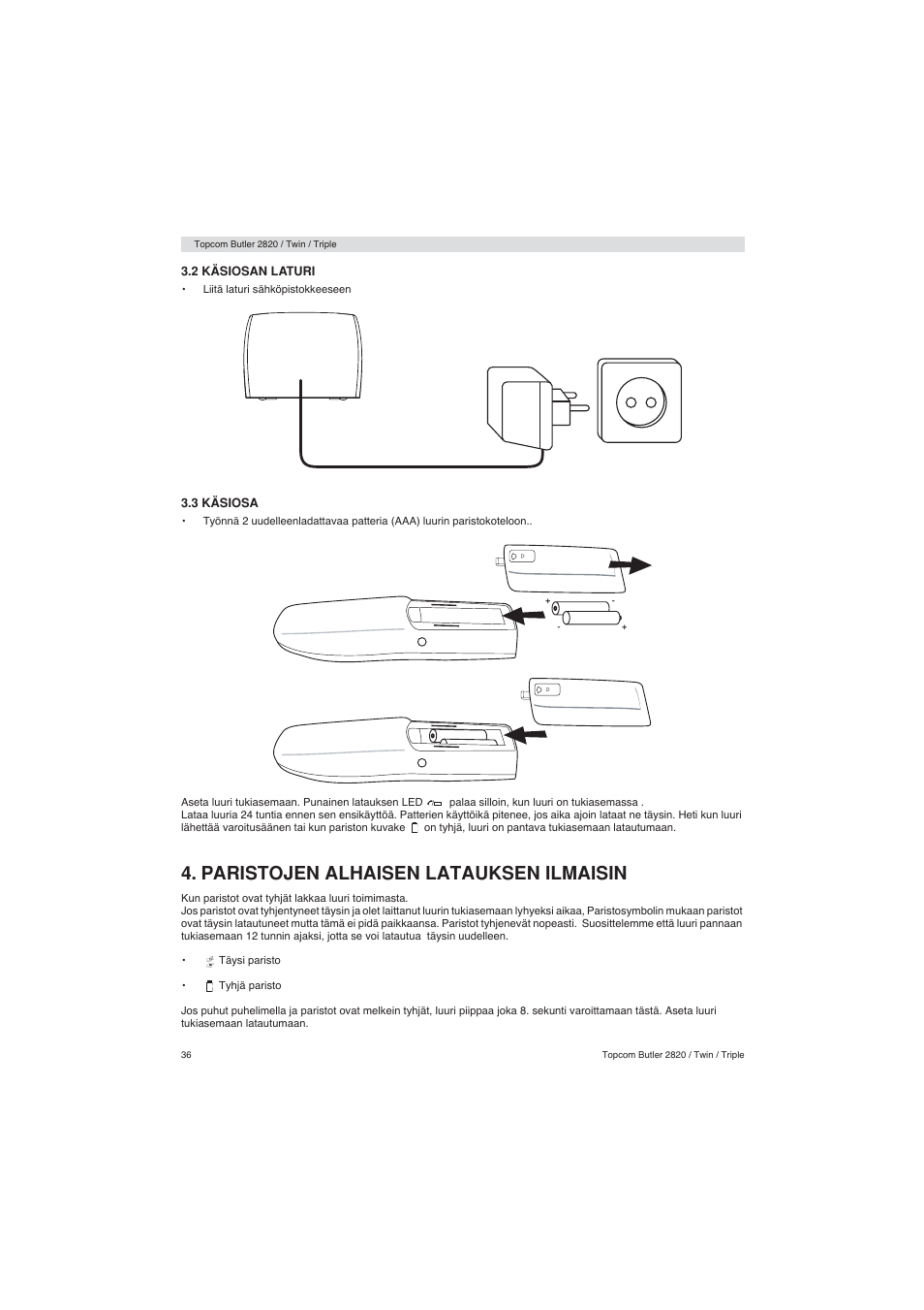 Paristojen alhaisen latauksen ilmaisin | Topcom BUTLER 2900 User Manual | Page 36 / 56