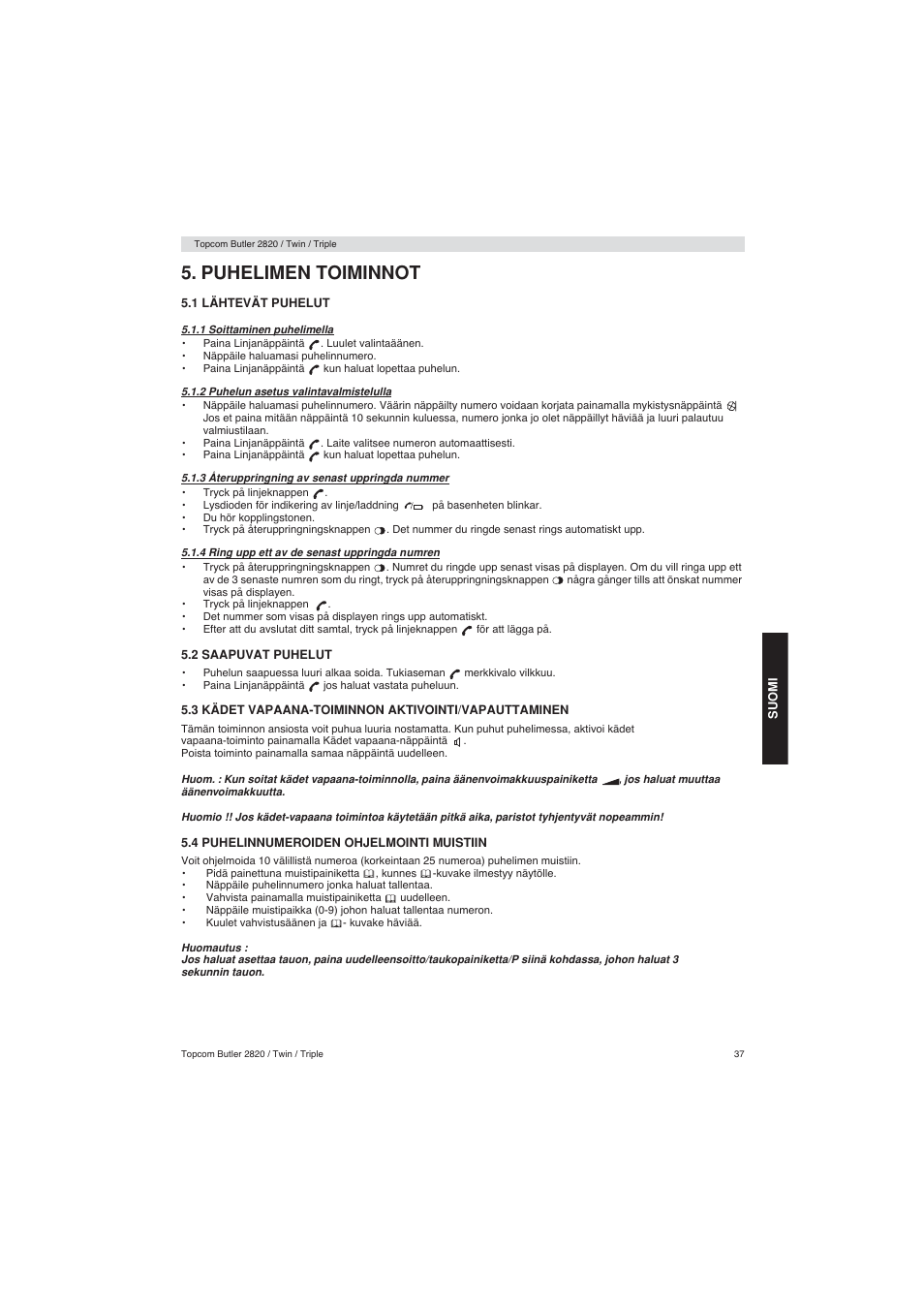 Puhelimen toiminnot | Topcom BUTLER 2900 User Manual | Page 37 / 56