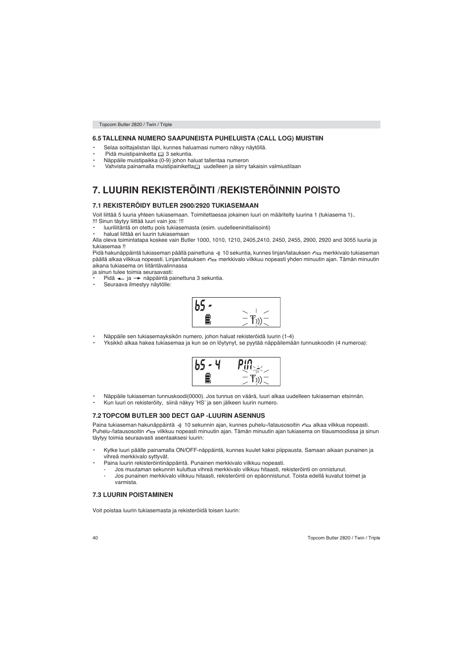 Luurin rekisteröinti /rekisteröinnin poisto | Topcom BUTLER 2900 User Manual | Page 40 / 56
