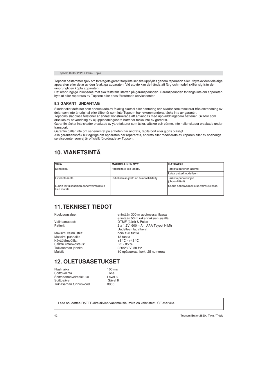 Vianetsintä 11. tekniset tiedot, Oletusasetukset | Topcom BUTLER 2900 User Manual | Page 42 / 56