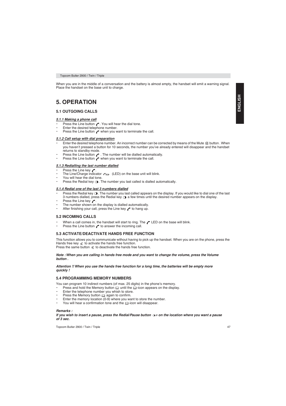 Operation | Topcom BUTLER 2900 User Manual | Page 47 / 56