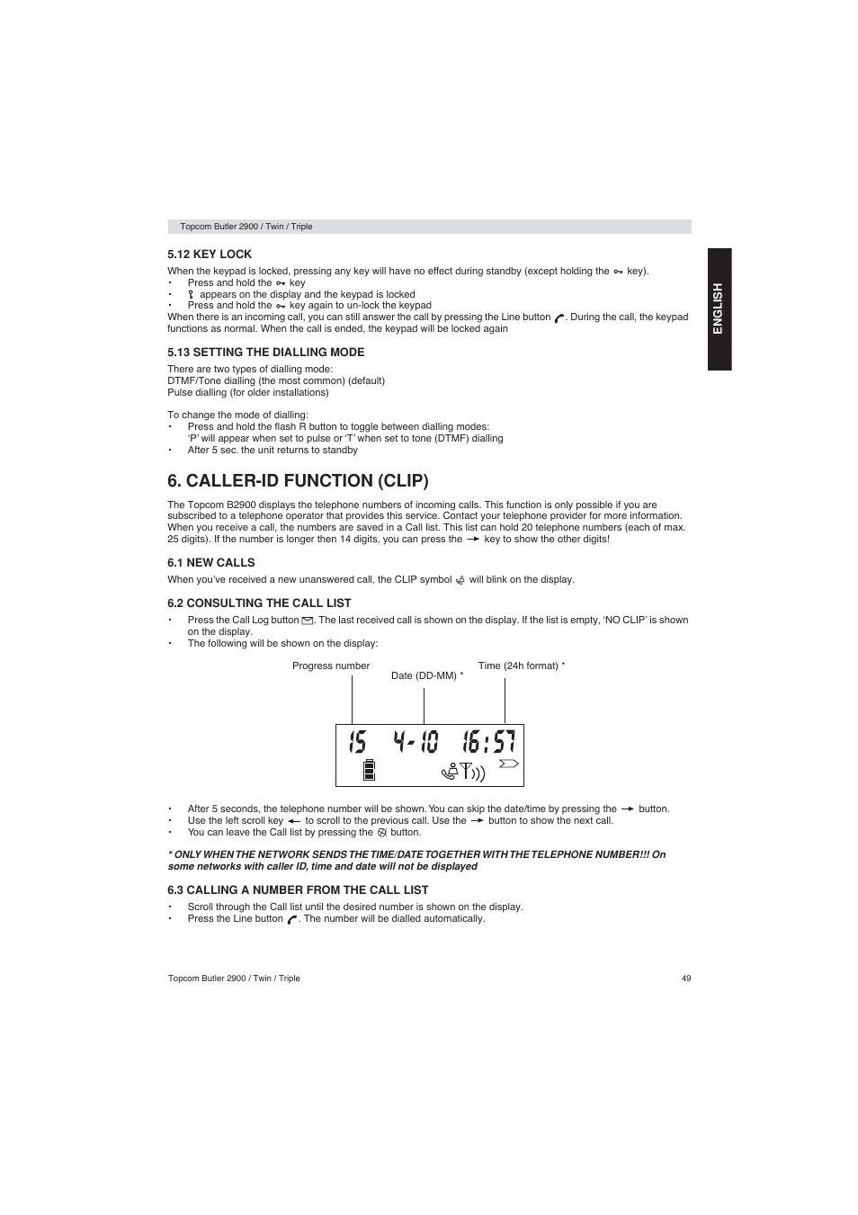 Caller-id function (clip) | Topcom BUTLER 2900 User Manual | Page 49 / 56