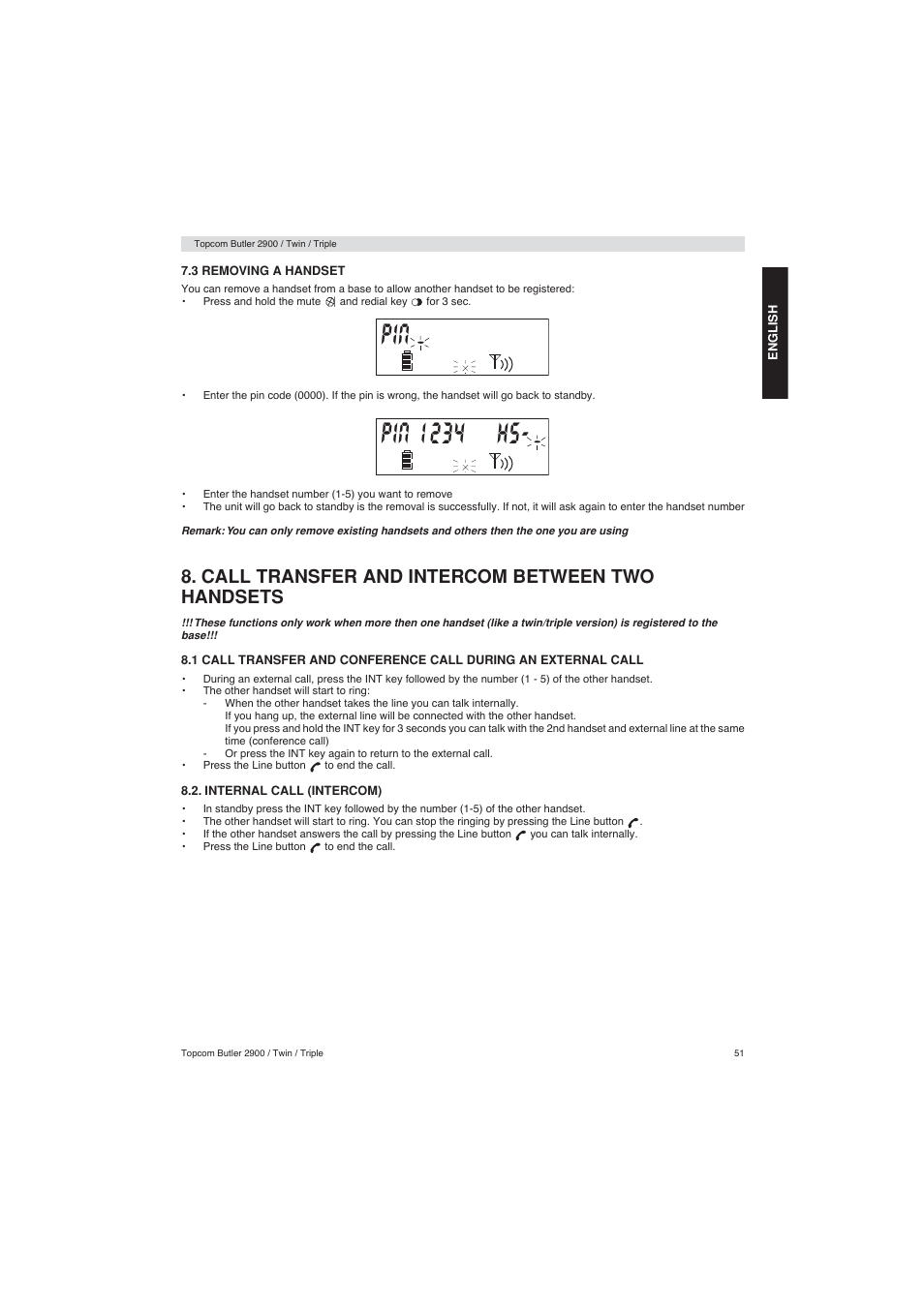 Call transfer and intercom between two handsets | Topcom BUTLER 2900 User Manual | Page 51 / 56