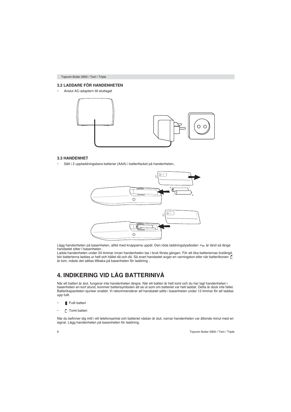 Indikering vid låg batterinivå | Topcom BUTLER 2900 User Manual | Page 6 / 56