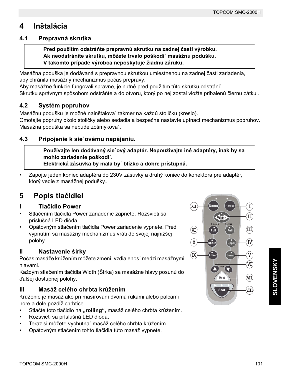 4inštalácia, 5popis tlaþidiel | Topcom SMC-2000H User Manual | Page 101 / 108