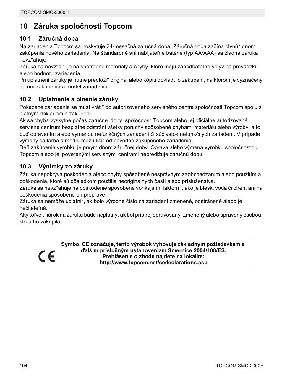 10 záruka spoloþnosti topcom | Topcom SMC-2000H User Manual | Page 104 / 108