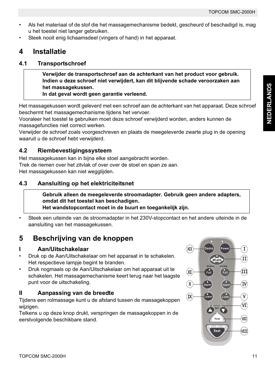 4installatie, 5beschrijving van de knoppen | Topcom SMC-2000H User Manual | Page 11 / 108