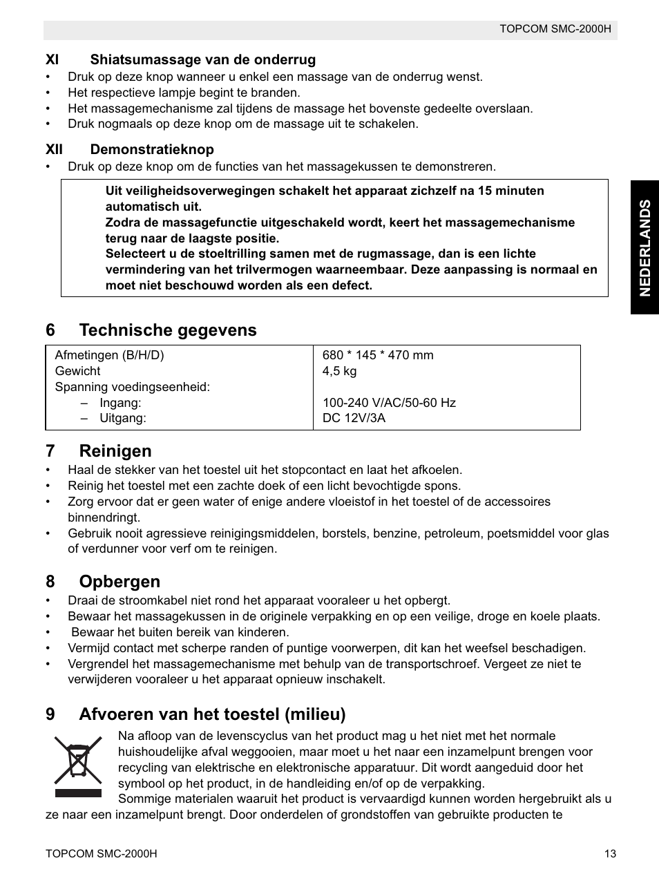 6technische gegevens 7 reinigen, 8opbergen, 9afvoeren van het toestel (milieu) | Topcom SMC-2000H User Manual | Page 13 / 108