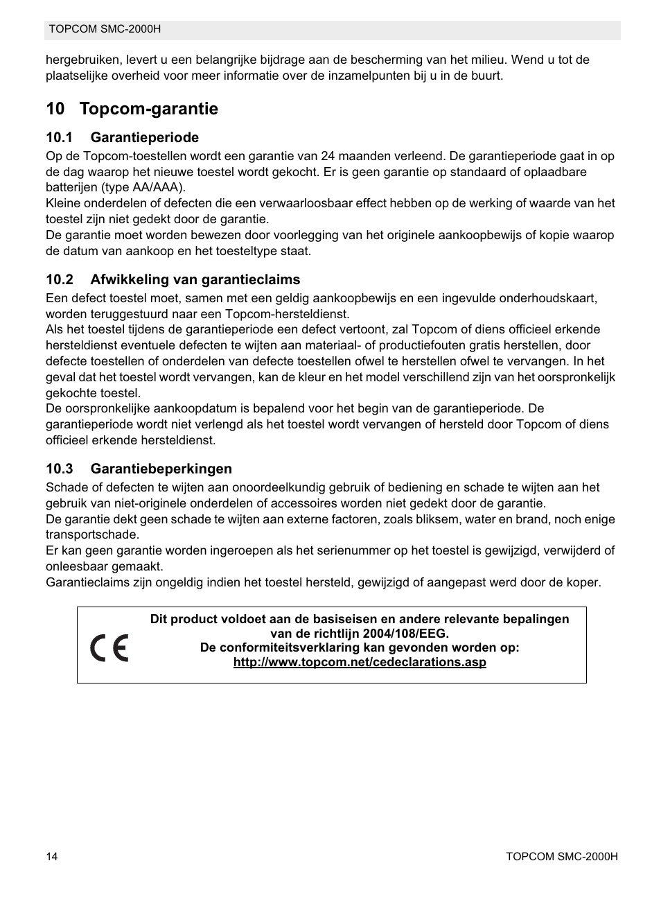 10 topcom-garantie | Topcom SMC-2000H User Manual | Page 14 / 108