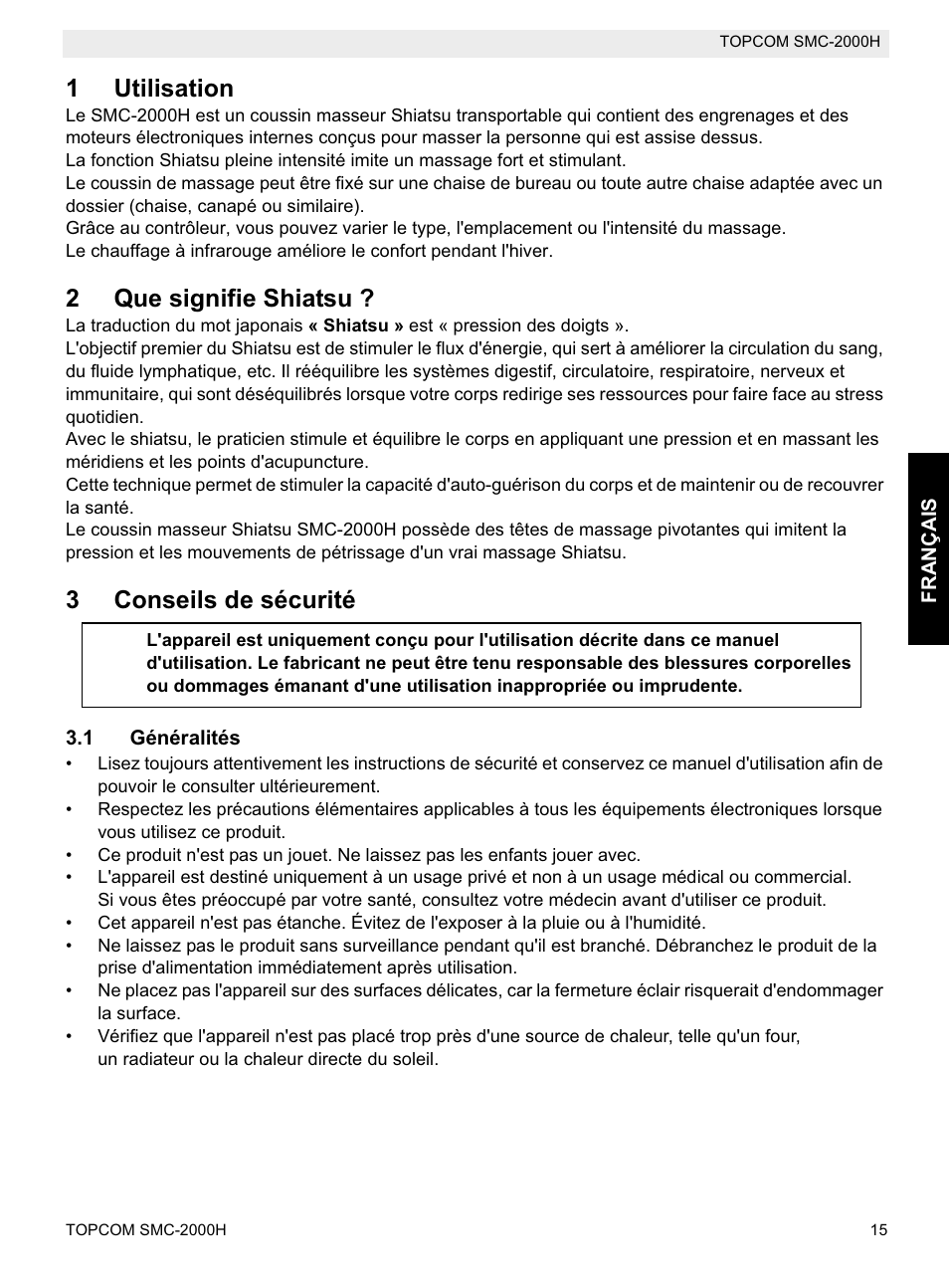 1utilisation, 2que signifie shiatsu, 3conseils de sécurité | Topcom SMC-2000H User Manual | Page 15 / 108