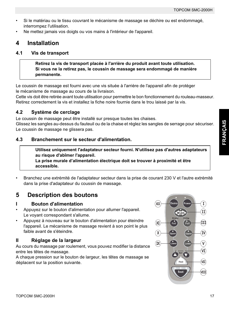4installation, 5description des boutons | Topcom SMC-2000H User Manual | Page 17 / 108