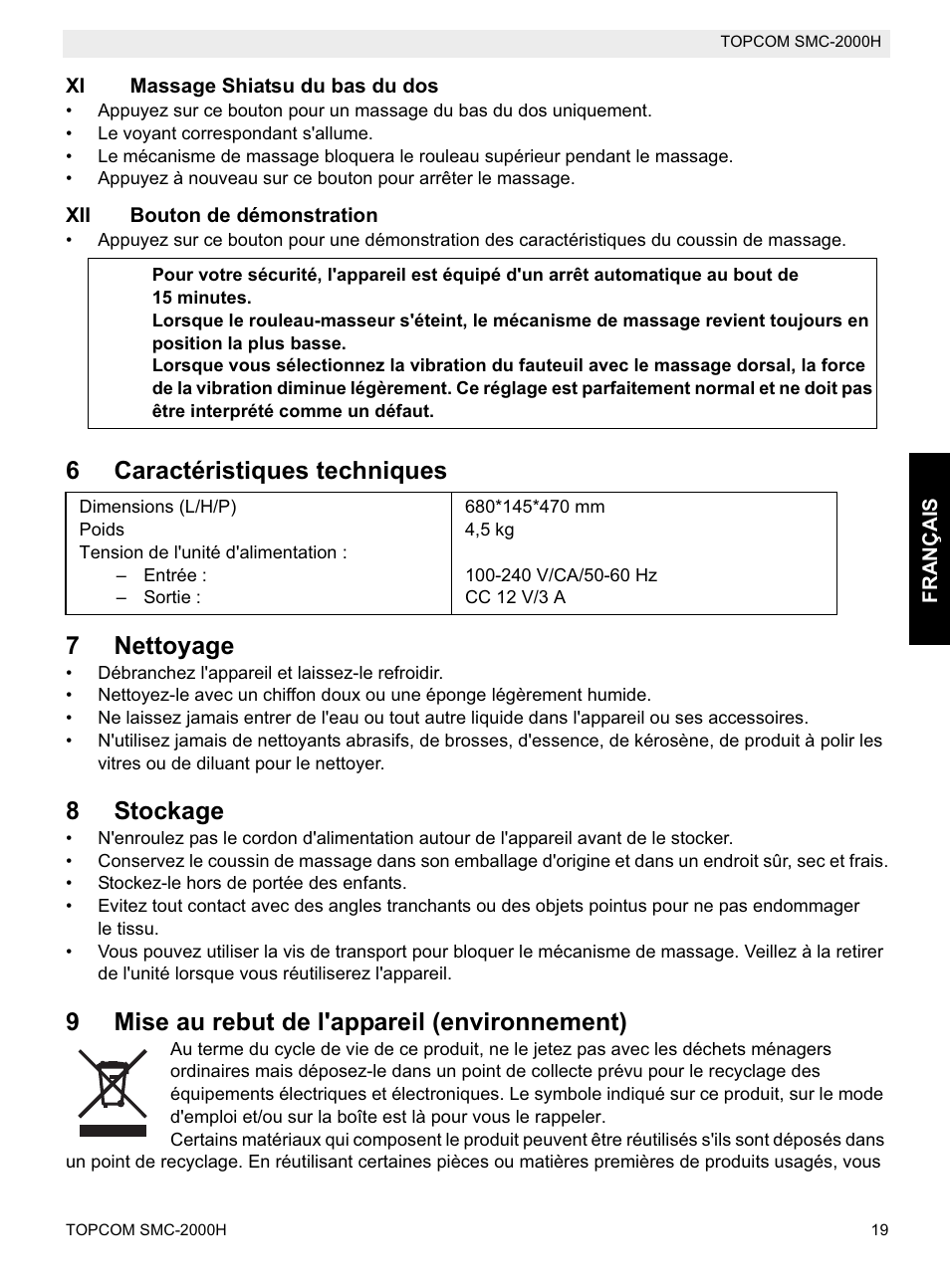 6caractéristiques techniques 7 nettoyage, 8stockage, 9mise au rebut de l'appareil (environnement) | Topcom SMC-2000H User Manual | Page 19 / 108