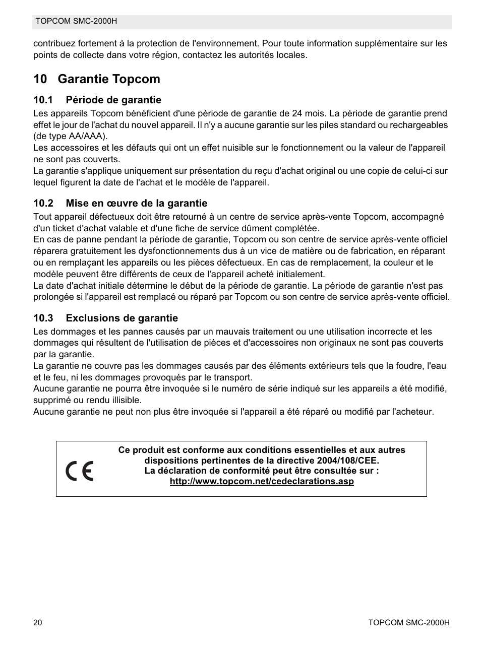 10 garantie topcom | Topcom SMC-2000H User Manual | Page 20 / 108