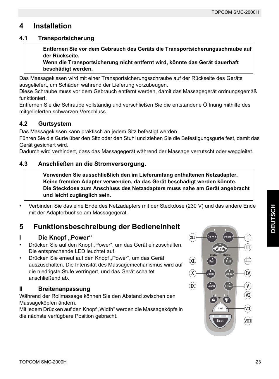 4installation, 5funktionsbeschreibung der bedieneinheit | Topcom SMC-2000H User Manual | Page 23 / 108